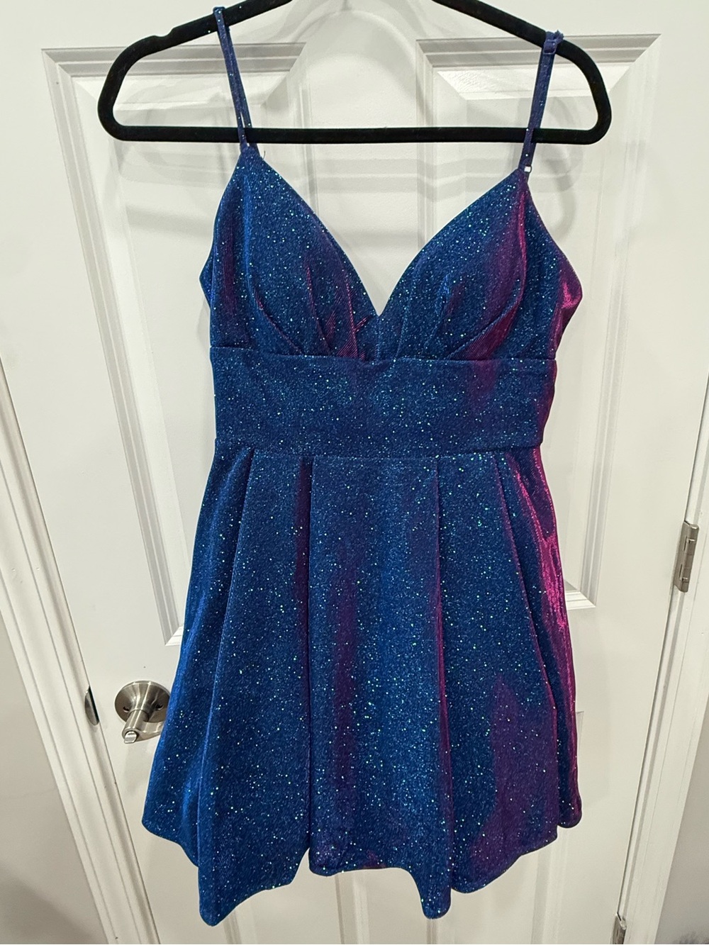 Glittery Blue Spaghetti Strap A-Line HOCO dress